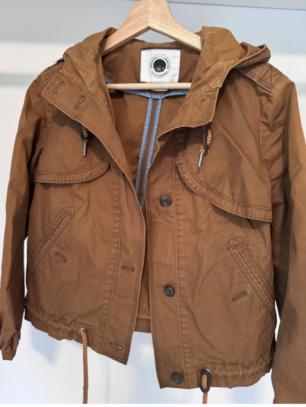 Anthropologie Daughters of the Liberation Utility Jacket Camel Size 2 Hooded